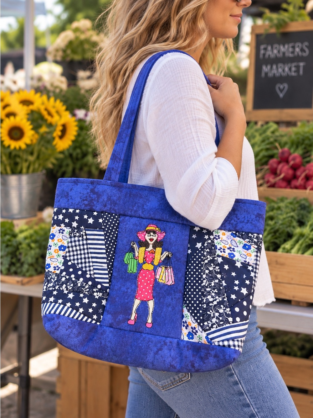 Blue Patchwork Tote Bag with Shopper Motif